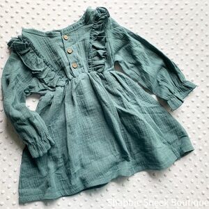 Girls 5T Teal Linen Cotton Long-sleeved Dress